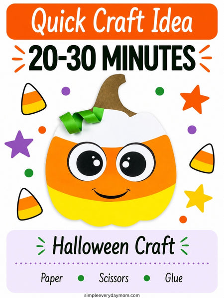 A digital graphic promoting a quick Halloween craft activity. It features a cute, smiling candy corn craft made from paper with a brown stem and green bow, surrounded by decorative paper stars and candy corn pieces.