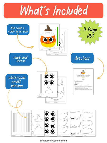 An informational graphic titled 'What's Included' for a printable craft PDF. It shows sample pages from a 11-page, 1-color-in-version child craft set, including a pumpkin face template, black-and-white eye cutouts, class room craft templates, and a directions sheet.