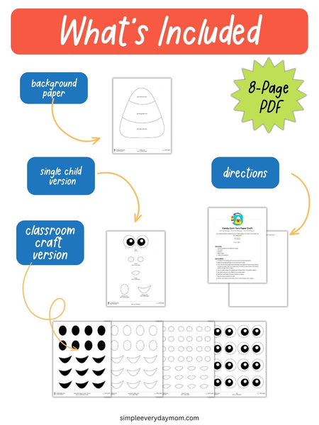 An informational graphic titled 'What's Included' showing contents for an 8-page PDF craft download. It includes labels pointing to background paper, single child version, classroom craft version, and directions, with sample page previews and a green burst reading '8-Page PDF.