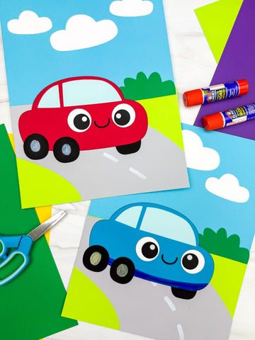 Two car crafts on a white background with colored paper, scissors, and glue sticks 