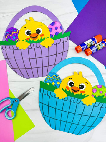 Children's craft project with Easter-themed cutouts of a chick and eggs in baskets on a colorful background.