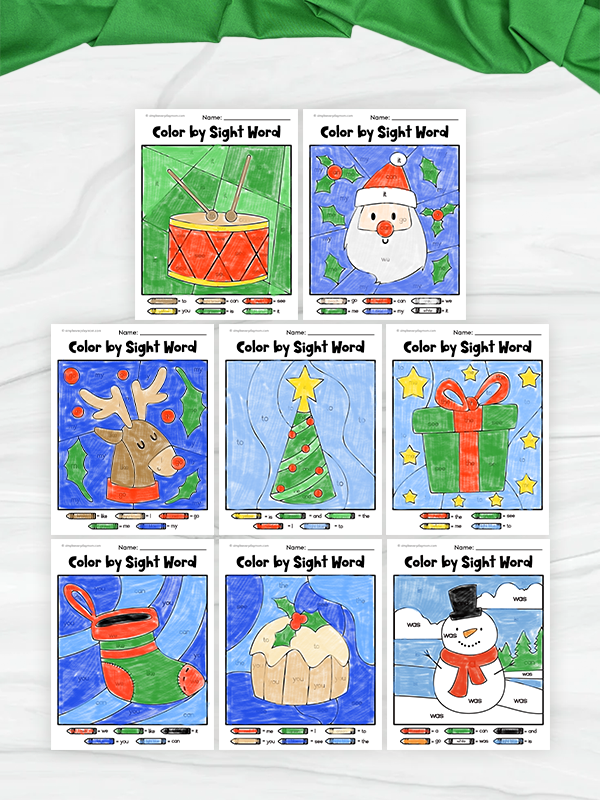 Set of Christmas-themed coloring pages with sight word exercises on a white background.