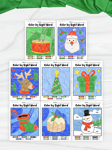 Set of Christmas-themed coloring pages with sight word exercises on a white background.