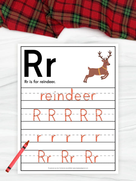 Educational worksheet for letter 'R' with a reindeer illustration and handwriting practice on a white background.