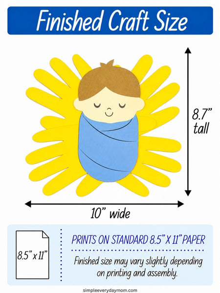 Finished baby Jesus handprint manger craft featuring a smiling baby wrapped in a blue blanket and surrounded by yellow paper handprints. The completed Christmas craft measures approximately 10 inches wide by 8.7 inches tall.