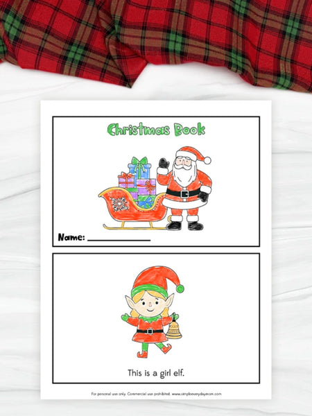 Two Christmas-themed booklet pages featuring Santa Claus and an elf on a white background with plaid fabric at the top.