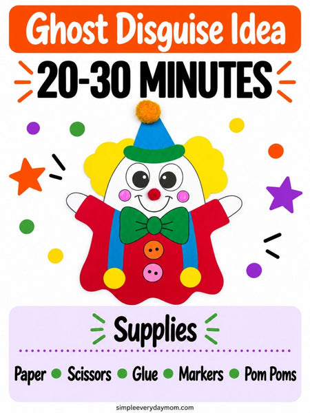 A digital graphic for a 'Ghost Disguise' craft activity, showing a cartoon clown in a red outfit with a green bow tie and blue hat. The text reads 'Ghost Disguise Idea', '20-30 MINUTES', and lists 'Supplies' including paper, scissors, glue, markers, and pom poms.