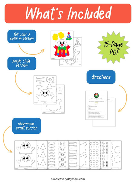 An informational graphic titled 'What's Included' for a 15-page PDF craft activity set. It shows sample pages and documents for full color, single child, and classroom craft versions, with arrows and labels on a white background.
