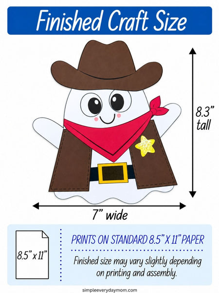 A size diagram for a ghost-shaped craft figure dressed as a cowboy, showing the finished piece is 7 inches wide and 8.3 inches tall.