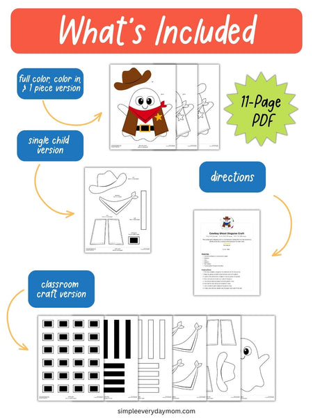 Infographic showing the contents of an 11-page cowboy ghost disguise craft PDF, including full-color, coloring, and one-piece templates, a single-child version, classroom craft templates, and instructions. Preview pages display a cowboy hat, ghost body, bandana, vest, sheriff’s star, belt pieces, and other printable cutouts.