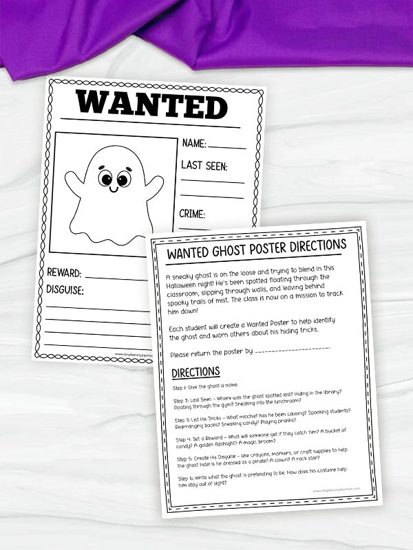 Two printable ghost-themed poster worksheets laid on a white surface, with one worksheet showing a black-and-white ghost 'WANTED' poster and the other showing the 'WANTED GHOST POSTER DIRECTIONS' page. A purple fabric corner is visible at the top left.