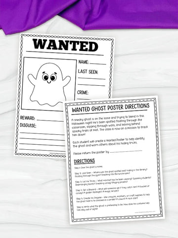 Two printable ghost-themed poster worksheets laid on a white surface, with one worksheet showing a black-and-white ghost 'WANTED' poster and the other showing the 'WANTED GHOST POSTER DIRECTIONS' page. A purple fabric corner is visible at the top left.