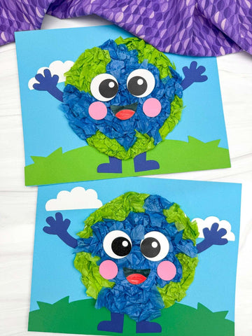 Two tissue paper Earth Day crafts for kids on white background with purple fabric