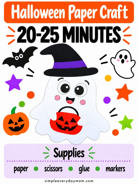 Halloween ghost paper craft infographic featuring a smiling white ghost wearing a black witch hat with a purple band and holding a pumpkin bucket. Shows a 20–25 minute completion time and supplies including paper, scissors, glue, and markers.