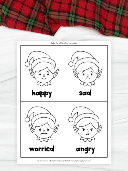 Emotions worksheet with cartoon elves labeled 'happy', 'sad', 'worried', and 'angry' on a white background.