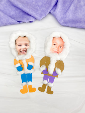 Two winter photo kids' crafts on white background with light purple fabric. 