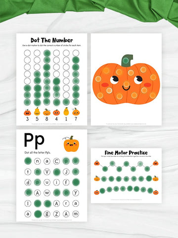 Four printable educational worksheets themed around pumpkin, displayed on a white marble surface with a green fabric napkin. The worksheets include 'Dot The Number', 'Pp Fine Motor Practice', and a pumpkin illustration sheet.