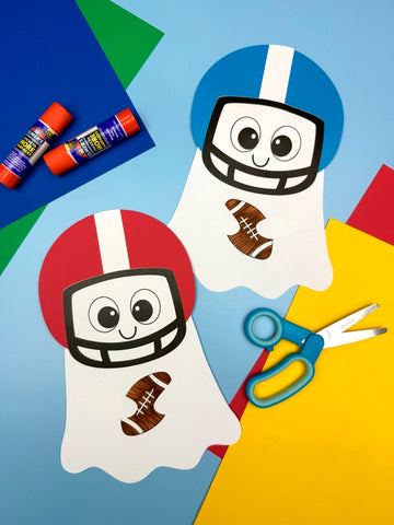 Children's football player ghost disguise craft with glue sticks, and scissors on a colorful background.