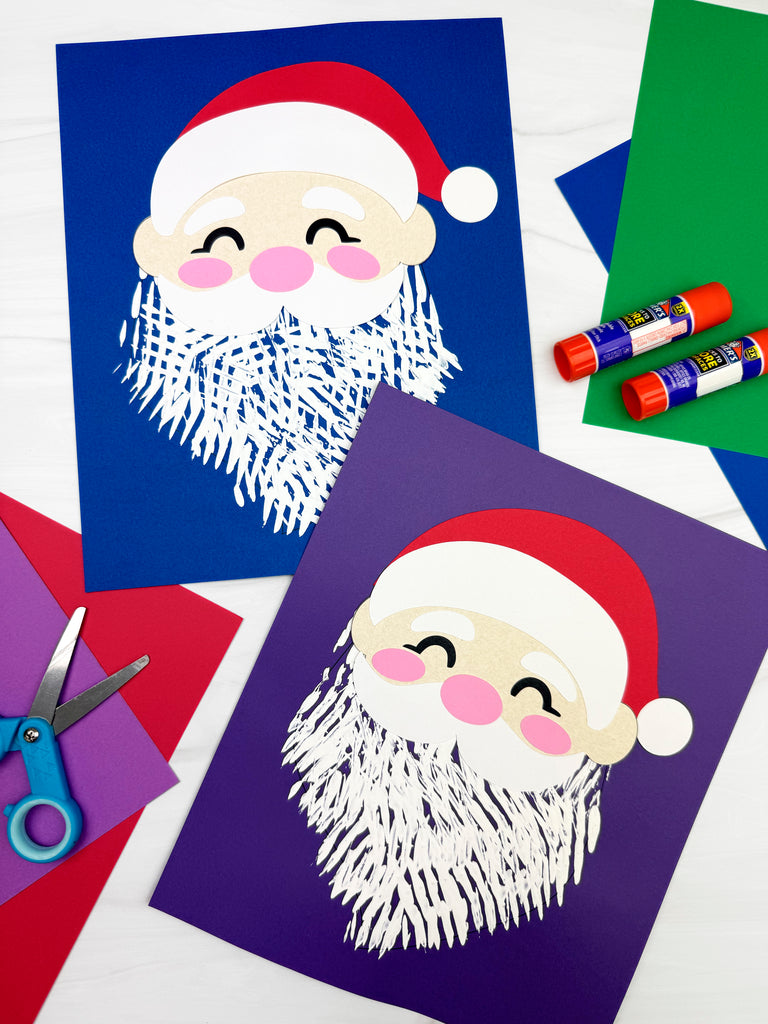 Two fork painted Santa crafts on white background with paper, scissors, and glue