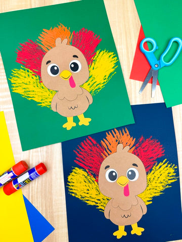 Two children's crafts of turkeys on colored paper with glue sticks and scissors.