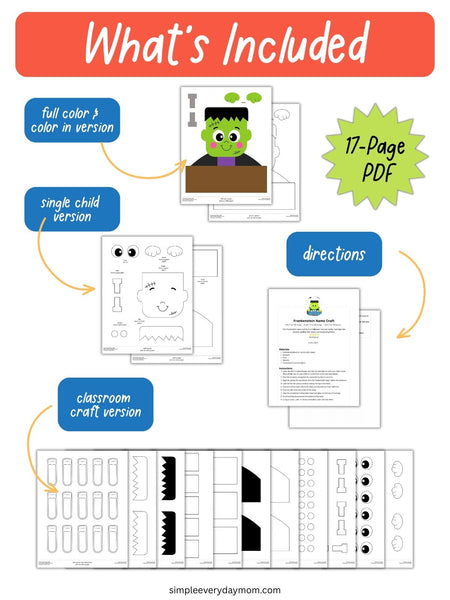 Contents of a 17-page Frankenstein name craft PDF, including full-color and coloring versions, single-child and classroom templates, and directions.