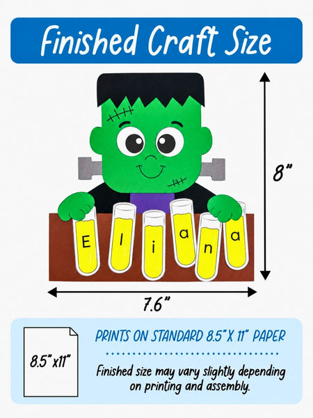 Finished Frankenstein name craft measuring about 7.6 inches wide by 8 inches tall, featuring a green Frankenstein holding six lettered test tubes. Designed to print on standard 8.5-by-11-inch paper.