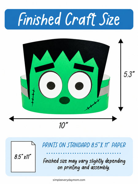 A size diagram for a Frankenstein-themed paper craft hat, showing the finished product dimensions as 10 inches wide and 5.3 inches tall, with notes about printing on standard 8.