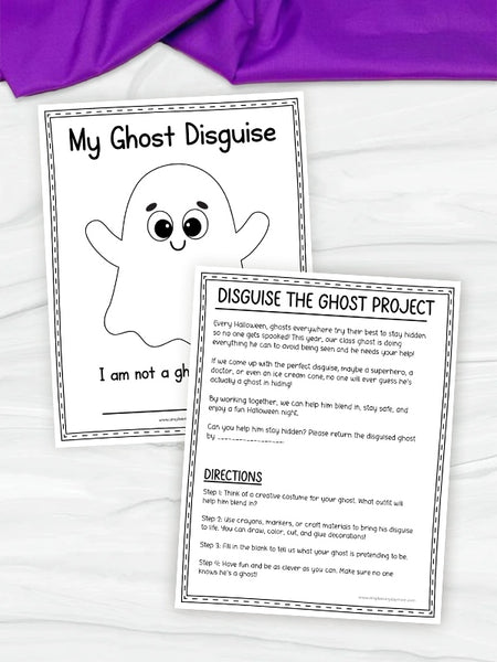 Two printable worksheet pages for a Halloween ghost costume project, shown on a white fabric background with a purple fabric accent at the top. The left page reads 'My Ghost Disguise' with a simple ghost illustration and the text 'I am not a ghost.