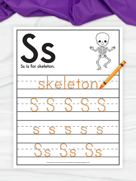 A printable alphabet worksheet for the letter 'S' designed for learning 'skeleton'. The worksheet features a black-and-white skeleton illustration, the word 'skeleton' written in orange dashed letters, and multiple rows for tracing the letter 'S'.