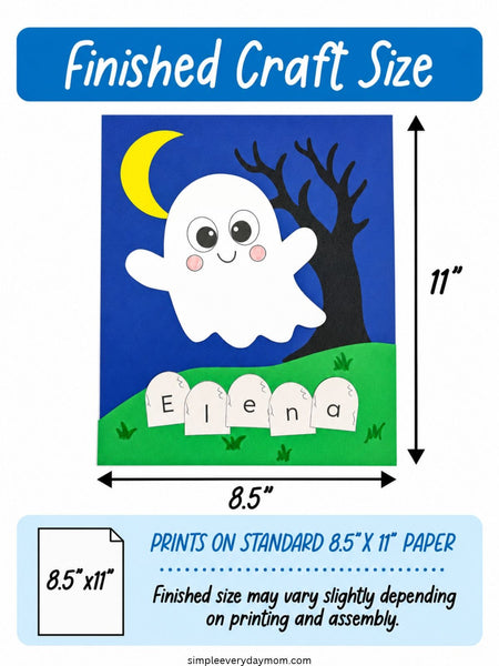 Finished Halloween ghost name craft measuring 8.5 inches wide by 11 inches tall, featuring a white ghost, crescent moon, spooky tree, and personalized gravestones spelling Elena.