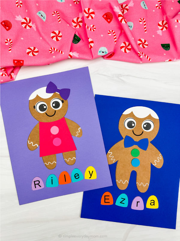 Two gingerbread name crafts on a white background with pink fabric top.