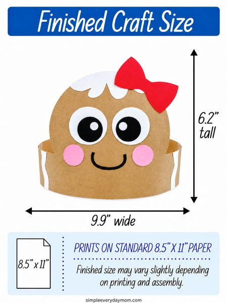 Finished gingerbread girl headband craft featuring a brown paper gingerbread face with white icing, a red bow, large eyes, and pink cheeks. The completed Christmas headband measures approximately 9.9 inches wide by 6.2 inches tall.