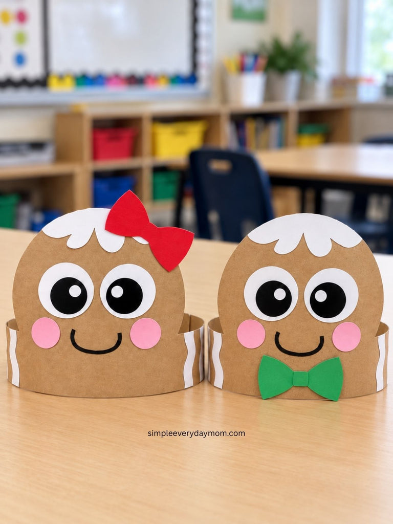 Two Christmas gingerbread headband crafts displayed on a wooden classroom table. The gingerbread girl has a red hair bow, while the gingerbread boy has a green bow tie, both featuring white icing, large eyes, pink cheeks, and smiling faces.