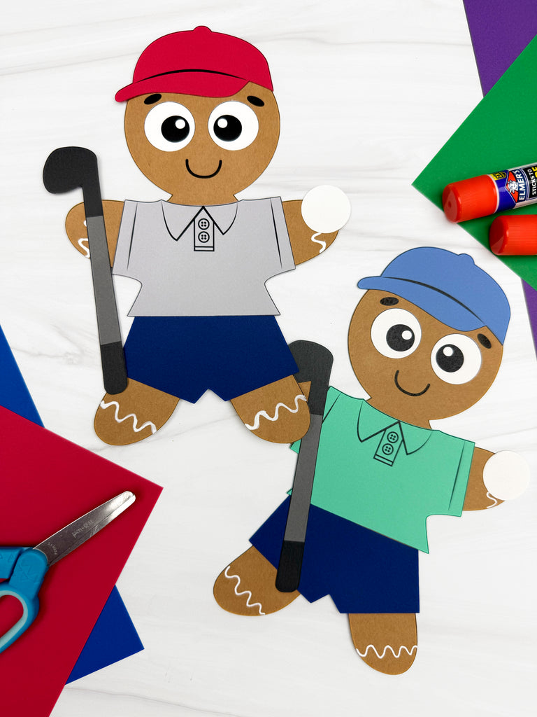Two paper gingerbread men dressed as golfers  on a colorful background.