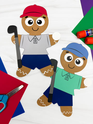 Two paper gingerbread men dressed as golfers  on a colorful background.