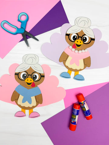 Granny turkey dsisguise craft with scissors and glue sticks on a colorful background