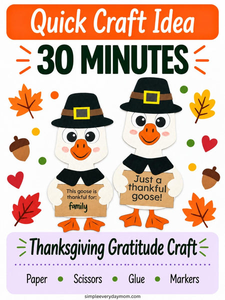 Two printable Thanksgiving goose crafts wearing pilgrim hats and holding gratitude signs, surrounded by fall leaves. Graphic includes a 30-minute craft time and supplies: paper, scissors, glue, and markers.
