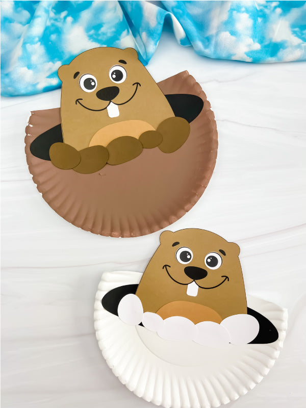 Two paper plate groundhog crafts on white background with sky fabric
