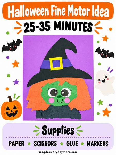 Halloween torn paper witch craft infographic featuring a green-faced witch with orange hair, a black pointed hat, and a purple background. Shows a 25–35 minute completion time and supplies including paper, scissors, glue, and markers.
