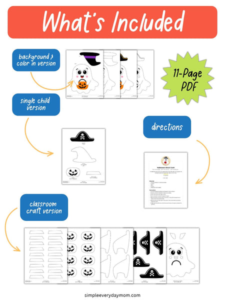 What's Included infographic for an 11-page Halloween ghost craft PDF featuring witch and pirate costume templates, color-in pages, individual craft pieces, classroom templates, and printable instructions.