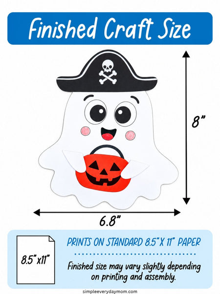 Finished Halloween ghost craft wearing a black pirate hat with a skull and crossbones and holding an orange jack-o'-lantern bucket. The completed paper craft measures approximately 6.8 inches wide by 8 inches tall.