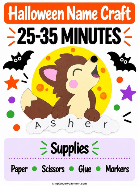 Halloween name craft infographic featuring a howling paper werewolf against a yellow moon, with the name “Asher” spelled across white clouds and surrounded by bats, stars, and colorful dots. The craft takes 25–35 minutes and requires paper, scissors, glue, and markers.