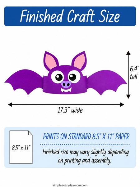 A size guide graphic for a bat craft, showing a purple bat illustration with pink ears and black outlines, labeled 17.3 inches wide and 6.