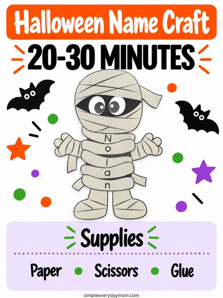 Halloween name craft infographic featuring a paper mummy with the name “Nolan” on its bandages, surrounded by bats, stars, and colorful dots. The craft takes 20–30 minutes and requires paper, scissors, and glue.
