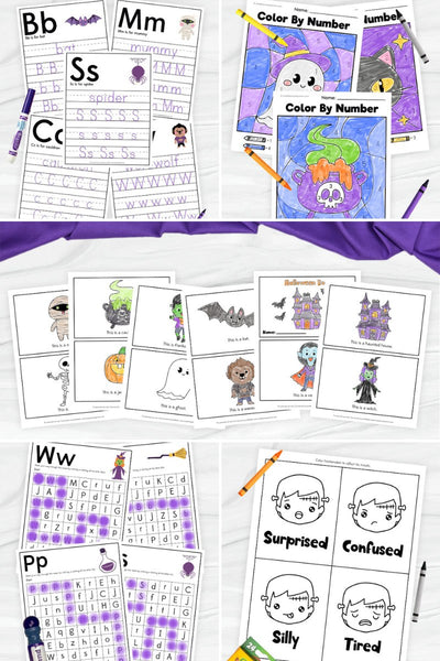 collage image of Halloween printables for kids