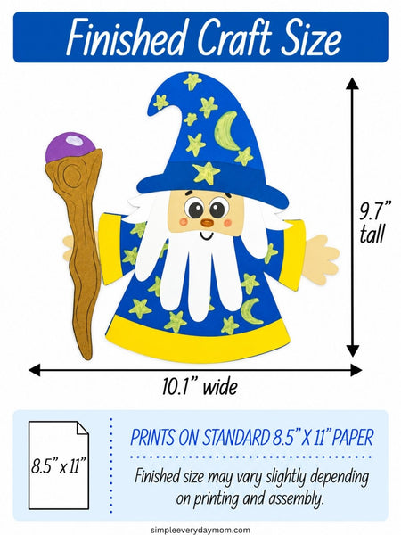 Finished wizard craft shown at approximately 10.1 inches wide by 9.7 inches tall, featuring a blue star-and-moon robe and hat, white beard, and wooden staff. The printable uses standard 8.5-by-11-inch paper, with final size varying slightly by printing and assembly.