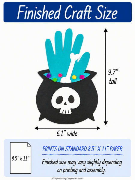 A size diagram for a Halloween craft featuring a black cauldron with a white skull, turquoise handprint, and colorful pom-poms, with text showing finished dimensions of 9.7 inches tall and 6.