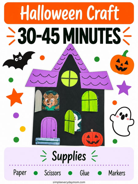 A Halloween craft activity cover page with a black house craft, purple roof, orange pumpkins, bat, ghost, stars, and text reading 'Halloween Craft,' '30-45 MINUTES,' and 'Supplies' listing paper, scissors, glue, and markers.