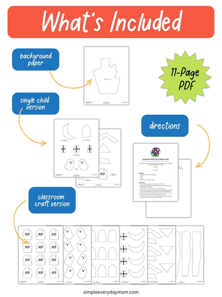 Graphic showing what’s included in an 11-page haunted house paper craft PDF: background paper, single-child and classroom craft versions, printable Halloween shapes, and instruction pages.