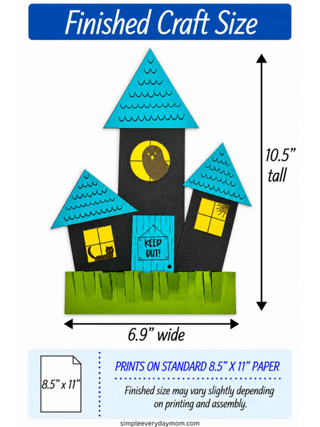 Finished haunted house paper craft measuring about 10.5 inches tall by 6.9 inches wide, designed to print on standard 8.5-by-11-inch paper.